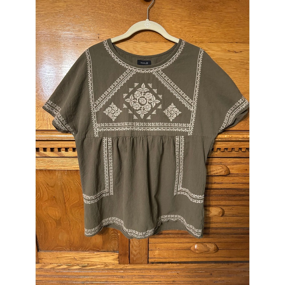 Roolee Boho Chic Olive Green Embroidered Babydoll Cotton Top Cowgirl Hippie Folk